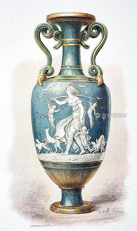 画笔浮雕花瓶:狩猎归来的年轻女子和天使，由马克-路易斯・伊曼纽尔・梭伦(Marc-Louis Emanuel Solon)装饰